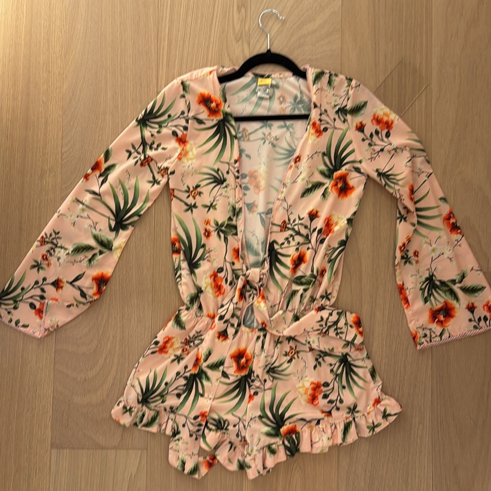 Agua Bendita Pink Floral Tie-Front Romper/Swimsuit Cover Up